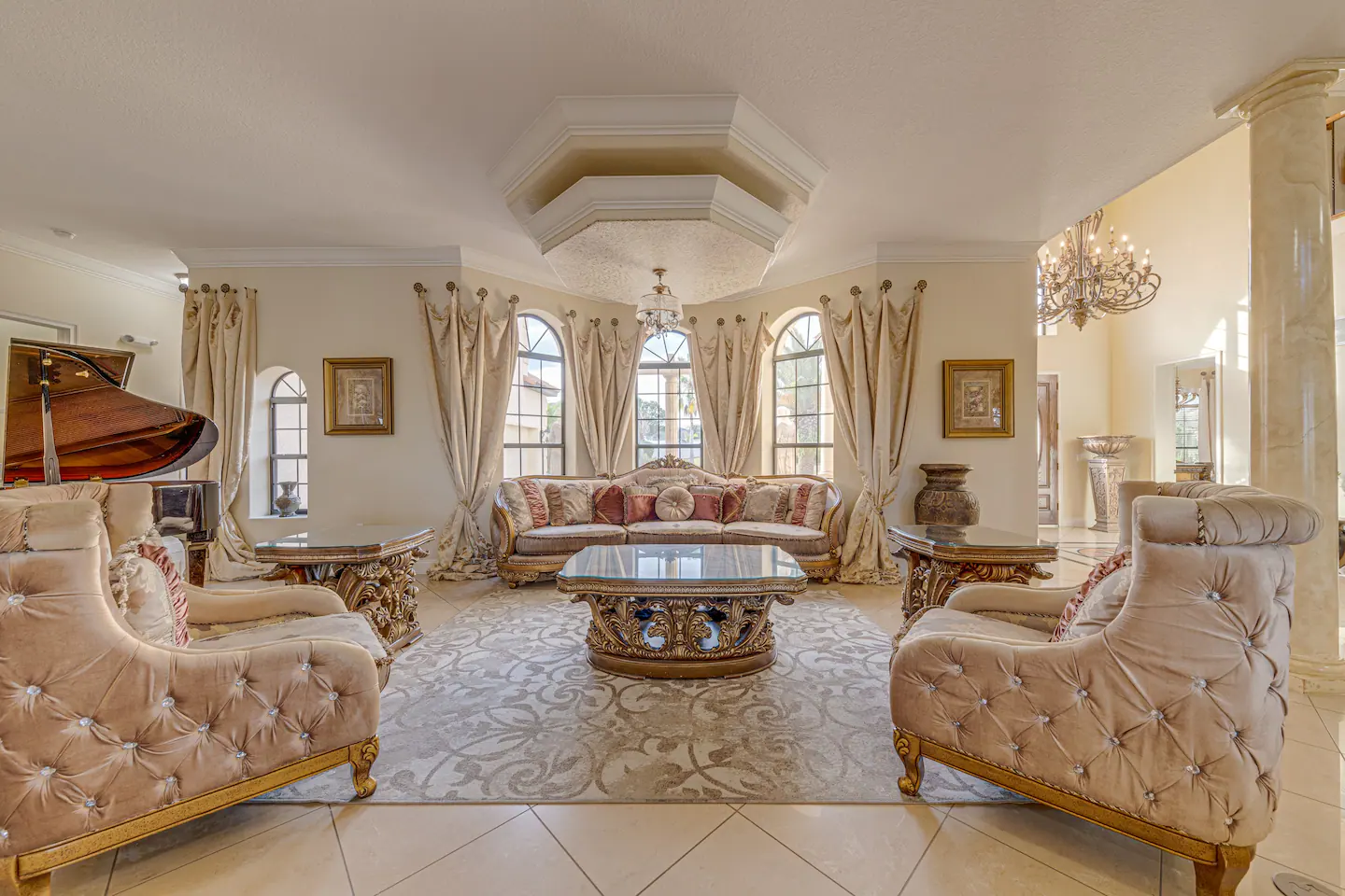 The comfortable couch and chairs make it easy to curl up with a good book, and the piano is perfect for a little impromptu music making.